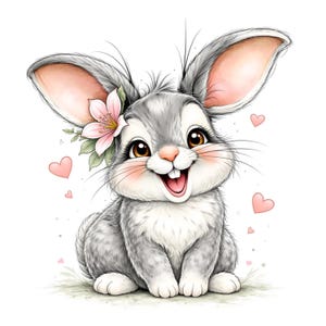 Puede incluir: Una ilustraci&oacute;n alegre de un conejito gris con orejas grandes, una nariz rosa y una amplia sonrisa. El conejito tiene una flor rosa y hojas verdes en la cabeza, con corazones rosas esparcidos alrededor. El conejito est&aacute; sentado sobre un c&eacute;sped verde.
