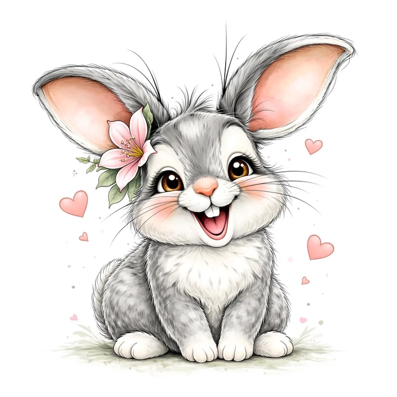 Puede incluir: Una ilustraci&oacute;n alegre de un conejito gris con orejas grandes, una nariz rosa y una amplia sonrisa. El conejito tiene una flor rosa y hojas verdes en la cabeza, con corazones rosas esparcidos alrededor. El conejito est&aacute; sentado sobre un c&eacute;sped verde.