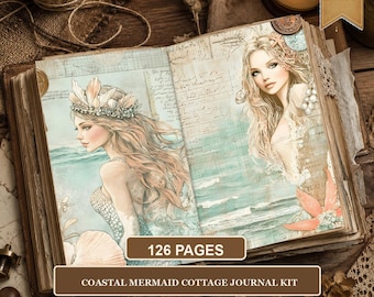 Coastal Mermaid Junk Journal Pages, Vintage Cottagecore Printable Kit, Nautical Ephemera, 126 US Letter Digital Papers