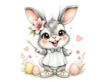 60 Easter Bunny Clipart: Watercolor Rabbit With Painted Eggs, Spring Bunny PNG Digital Download