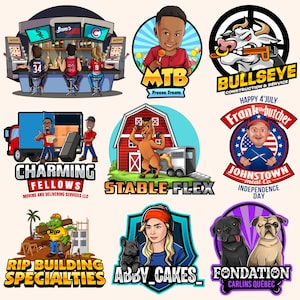 May include: A collection of nine colourful logos featuring various cartoon characters and text. The logos include a bar scene, a bullseye, a horse, a butcher, a moving van, a building, a cake, and two pugs.