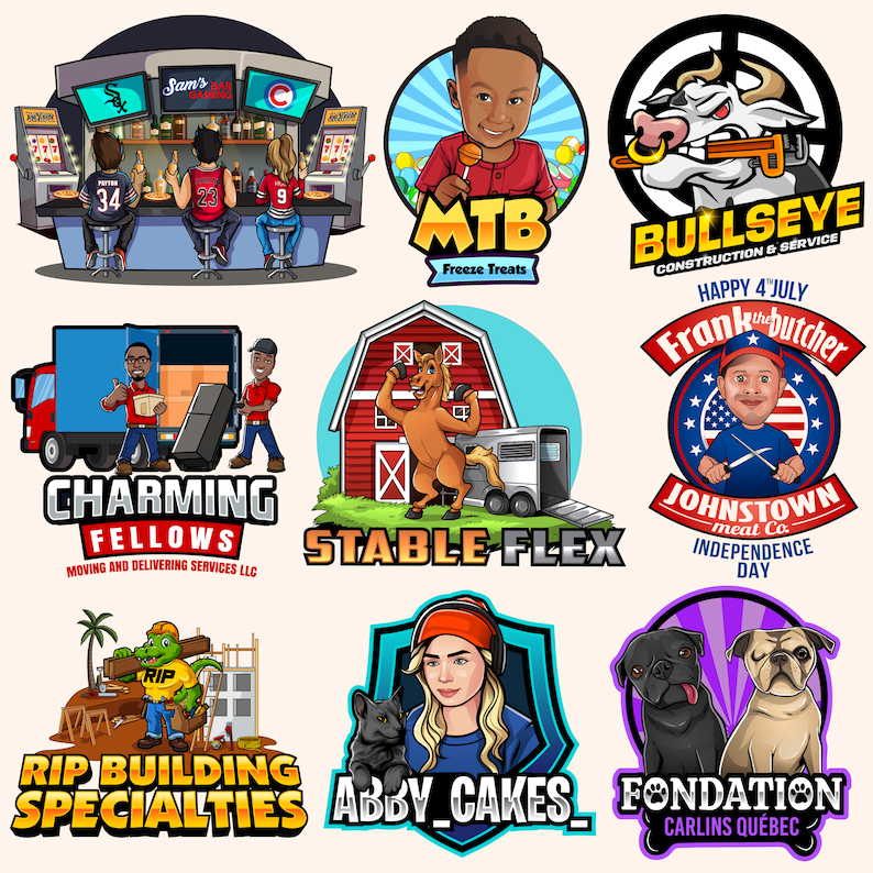 May include: A collection of nine colourful logos featuring various cartoon characters and text. The logos include a bar scene, a bullseye, a horse, a butcher, a moving van, a building, a cake, and two pugs.