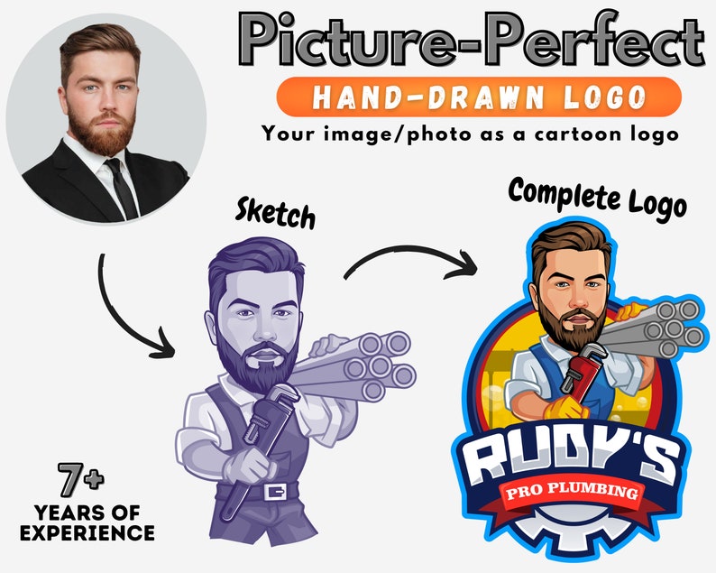 May include: A cartoon illustration of a plumber with a beard carrying pipes. The logo says 'Rudy's Pro Plumbing'.