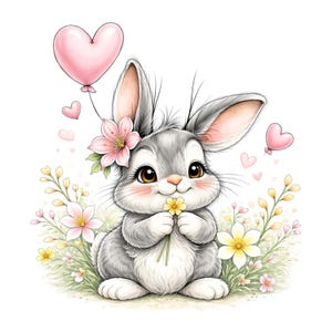 Puede incluir: Un lindo conejo de dibujos animados con pelaje gris, sosteniendo una flor amarilla y usando una corona de flores rosas. Un globo rosa en forma de coraz&oacute;n flota arriba. Corazones y flores rosas rodean al conejo.