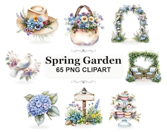 Floral Garden Spring Clipart PNG Bundle | 65 Watercolor Blooming Flower Graphics Pack | Botanical Spring Illustrations for Crafts Prints