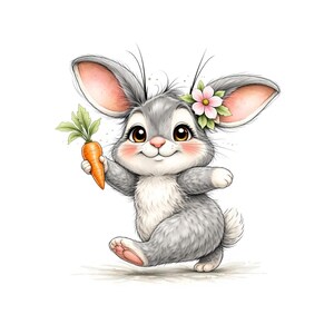 Puede incluir: Ilustraci&oacute;n en acuarela de un conejito gris con orejas grandes, sosteniendo una zanahoria naranja con hojas verdes. El conejito tiene una flor rosa en el pelo y est&aacute; sonriendo. El fondo es blanco.