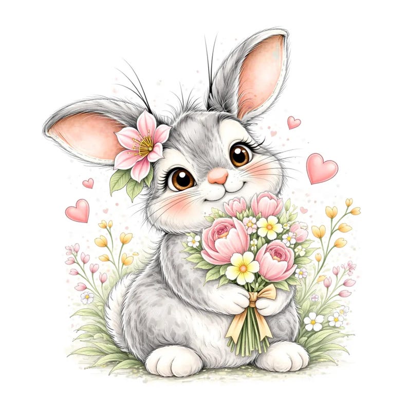 Puede incluir: Ilustraci&oacute;n en acuarela de un conejito gris sosteniendo un ramo de flores rosas y una cinta amarilla. El conejito tiene orejas forradas de rosa, una flor rosa en la cabeza y est&aacute; rodeado de corazones rosas y detalles florales.