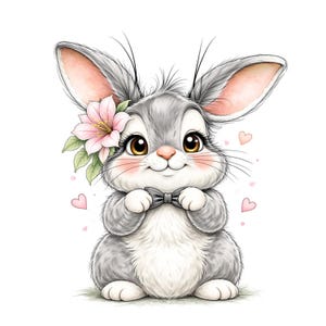 Puede incluir: Un lindo conejo de dibujos animados con pelaje gris, orejas forradas de rosa y una flor rosa. El conejo tiene grandes ojos marrones, una pajarita gris y est&aacute; rodeado de peque&ntilde;os corazones rosas. El conejo est&aacute; sentado sobre un c&eacute;sped verde.