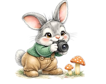 57 Bunny Photographer Clipart: Watercolor Easter Bunny PNG, Woodland Spring Rabbit With Camera