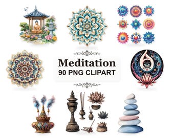 Meditation Clipart Bundle, 90 Watercolor Buddha Lotus Mandala PNGs, Spiritual Zen Graphics for Planners, Stickers and Crafts