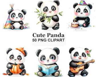 Cute Panda Clipart Bundle, Kawaii Panda PNG Graphics, Adorable Animal Clipart, Bamboo Panda Digital Download, Nursery Baby Design Elements