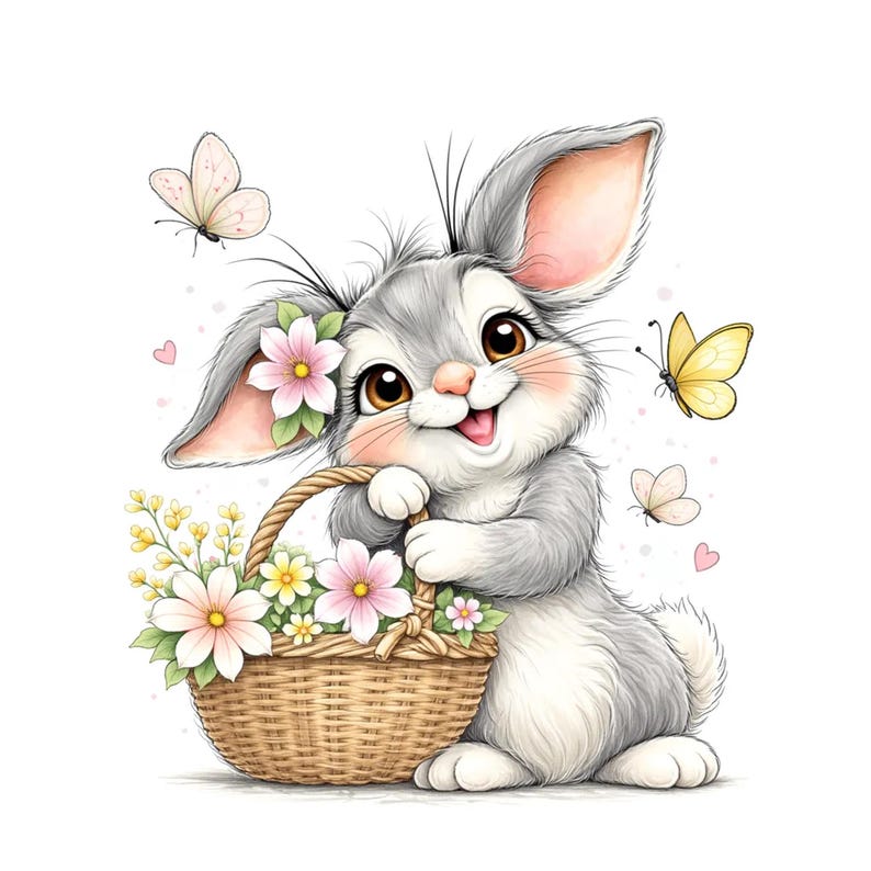 Puede incluir: Ilustraci&oacute;n de un conejo gris sonriente sosteniendo una cesta de flores. Mariposas rosas y amarillas vuelan alrededor del conejo. El conejo tiene grandes ojos marrones.