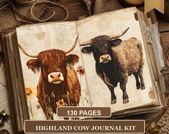 Highland Cow Junk Journal Pages, Rustic Farmhouse Printable Kit, Vintage Cow Ephemera, 130 US Letter Digital Papers