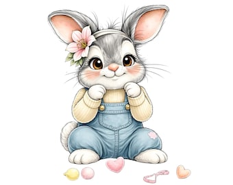 63 Toymaker Bunny Clipart PNG: Watercolor Baby Rabbit Illustration, Nursery Animal Graphic Sublimation