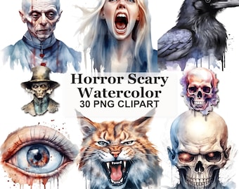 Horror Watercolor Clipart Bundle, Scary Gothic PNG Clip Art for Halloween Stickers Party Invitations