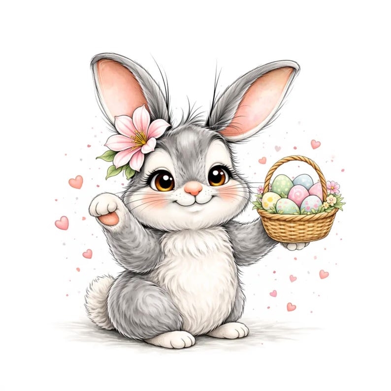 Puede incluir: Un lindo conejito de Pascua de dibujos animados con pelaje gris, orejas forradas de rosa y una flor rosa. El conejito sostiene una cesta tejida llena de huevos de Pascua de colores pastel y peque&ntilde;as flores. Corazones rosas flotan en el fondo.