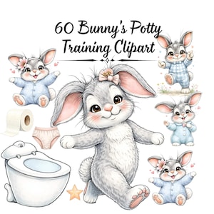 May include: Watercolor clipart set featuring a collection of adorable cartoon bunnies in various poses. The image includes a toilet, toilet paper, and underwear, with the text "60 Bunny's Potty Training Clipart" at the top.