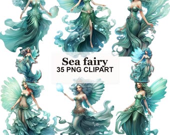 Sea Fairy Clipart Bundle, 35 Fantasy Ocean Fairy PNGs, Aqua Teal Digital Art for Invitations Digital Download