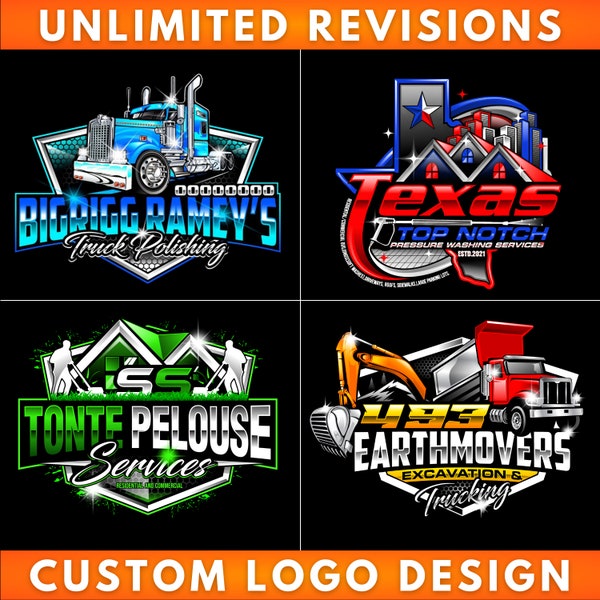 Custom Logo Design, Professional Graphic Designer, Trucking Logo, Auto Detailing Car Logo, Lawn Care Logo, Business Washing Company Logos