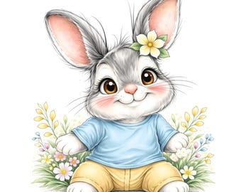 22 imágenes prediseñadas de conejito de acuarela: conejo floral de primavera PNG, manualidades de Pascua, decoración infantil, descarga digital