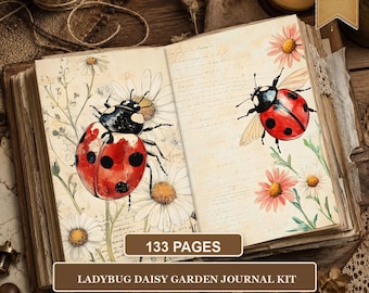 Ladybug Junk Journal Pages, Vintage Botanical Daisy Printable Kit, Garden Ephemera, 133 Piece US Letter Digital Papers