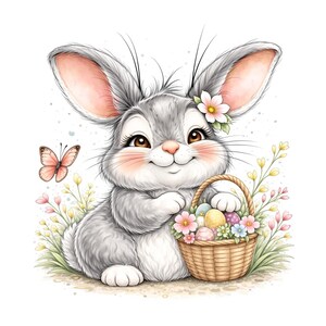 Puede incluir: Ilustraci&oacute;n en acuarela de un conejito gris sonriente con una flor en la oreja, sosteniendo una cesta llena de huevos de Pascua y flores. Una mariposa revolotea cerca, con hierba y flores en el fondo.