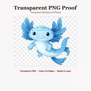 May include: A digital illustration of a light blue axolotl with dark blue spots and large, feathery external gills. The creature has a smiling expression, small black eyes, and a long, curved tail. The text reads Transparent PNG Proof.