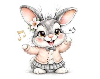 65 Musical Bunny Clipart: Watercolor Rabbit Illustration, Nursery Animal, Sublimation Design Download