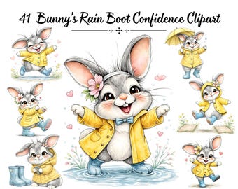 41 Conejitos Clipart Acuarela Conejito PNG Set, Conejo Impermeable Pascua Álbum de Recortes Descarga Digital Gráficos