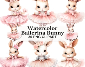 Watercolor Ballerina Bunny Clipart Bundle, 30 Ballet PNG Graphics for Invitations, Stickers, Party Decor