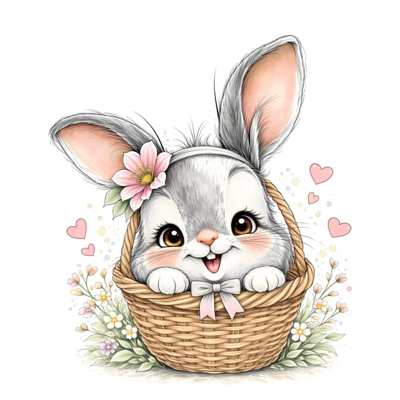Puede incluir: Ilustraci&oacute;n en acuarela de un conejito gris y blanco con detalles en rosa, con una corona de flores, asom&aacute;ndose de una cesta de mimbre. El conejito tiene grandes ojos marrones y un lazo rosa. Corazones y flores rosas rodean la cesta.