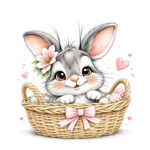 Puede incluir: Un lindo conejo de dibujos animados con pelaje gris y grandes ojos marrones est&aacute; sentado en una cesta de mimbre. El conejo lleva una flor rosa y est&aacute; rodeado de corazones rosas y huevos de Pascua. Un lazo rosa adorna la cesta.