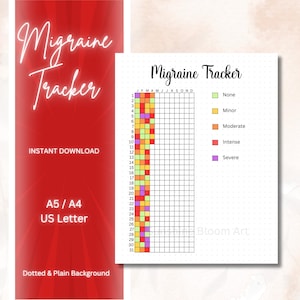 May include: A printable migraine tracker with a grid for each day of the month. The grid is color-coded to indicate the severity of the migraine: none, minor, moderate, intense, and severe.