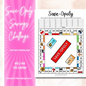 Puede incluir: Un tablero de juego imprimible "Save-Opoly" para el desafío de ahorro en rosa y blanco. El tablero está diseñado como un juego de Monopoly, con espacios para ahorrar dinero. El texto "Save-Opoly Savings Challenge" se muestra.