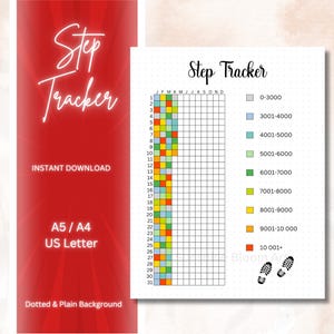 May include: A printable step tracker with a grid for each day of the month. The grid is color-coded to represent different step ranges, from 0-3000 steps to 10,000+ steps. The tracker also includes a dotted background and a plain background option.