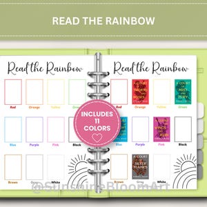 May include: A planner insert with the text "Read the Rainbow" and color-coded book recommendations. The insert includes a color chart with 11 colors and book covers. The planner is in a lime green binder.
