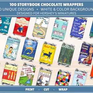 Puede incluir: Una colección de 100 envoltorios de chocolate con temática de cuentos infantiles para Hershey's Miniatures, que presentan diversas ilustraciones coloridas y títulos de libros como The Cat in the Hat, Paddington y Matilda sobre fondos blancos y de colores.