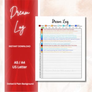 以下が含まれることがあります： 赤、オレンジ、黄色、青、緑、紫のカラーテーマの印刷可能な夢日記。日記には、夢を記録するための31行の番号付きリストがあります。日記には、怒り、面白さ、喜び、悲しみ、恐怖、奇妙さ、記憶できないなど、感情に基づいて夢を評価するためのセクションも含まれています。