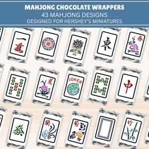 May include: A collection of rectangular chocolate wrappers featuring 43 distinct Mahjong tile designs, including characters, bamboo, circles, and seasonal motifs, labeled Mahjong Chocolate Wrappers 43 Mahjong Designs Designed for Hershey's Miniatures.