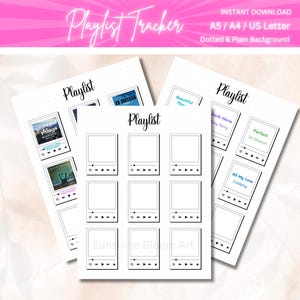 Könnte beinhalten: Druckbarer Playlist-Tracker mit gepunktetem Hintergrund. Der Tracker hat neun leere Felder für Songtitel und Künstler, mit einem Play-Button-Symbol neben jedem Feld. Der Text "Playlist" befindet sich oben auf der Seite.