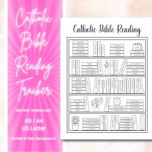 May include: A printable Catholic Bible reading tracker with a bookshelf design. The tracker includes all the books of the Old and New Testaments. The tracker is designed to be used as a printable planner or journal.