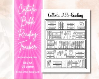 May include: A printable Catholic Bible reading tracker with a bookshelf design. The tracker includes all the books of the Old and New Testaments. The tracker is designed to be used as a printable planner or journal.