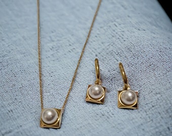 Pearl Necklace and Earrings Set - Gold Plated Stainless Steel, Minimalist Style