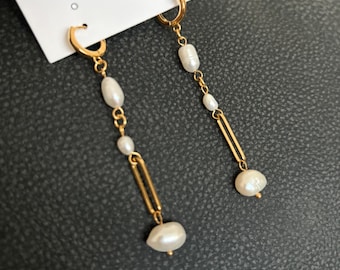 Gold Pearl Dangle Earrings • Stainless Steel, Baroque Jewelry
