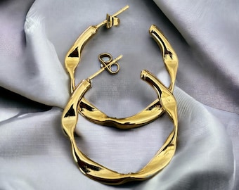 18K Gold Spiral Hoop Earrings, Stainless Steel, Minimalist Style