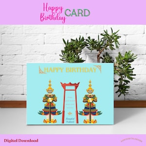 Carte de joyeux anniversaire imprimable inspirée des belles statues de Bangkok en Thaïlande ! Prêt pour le téléchargement immédiat, dimension 5 x 7 pouces