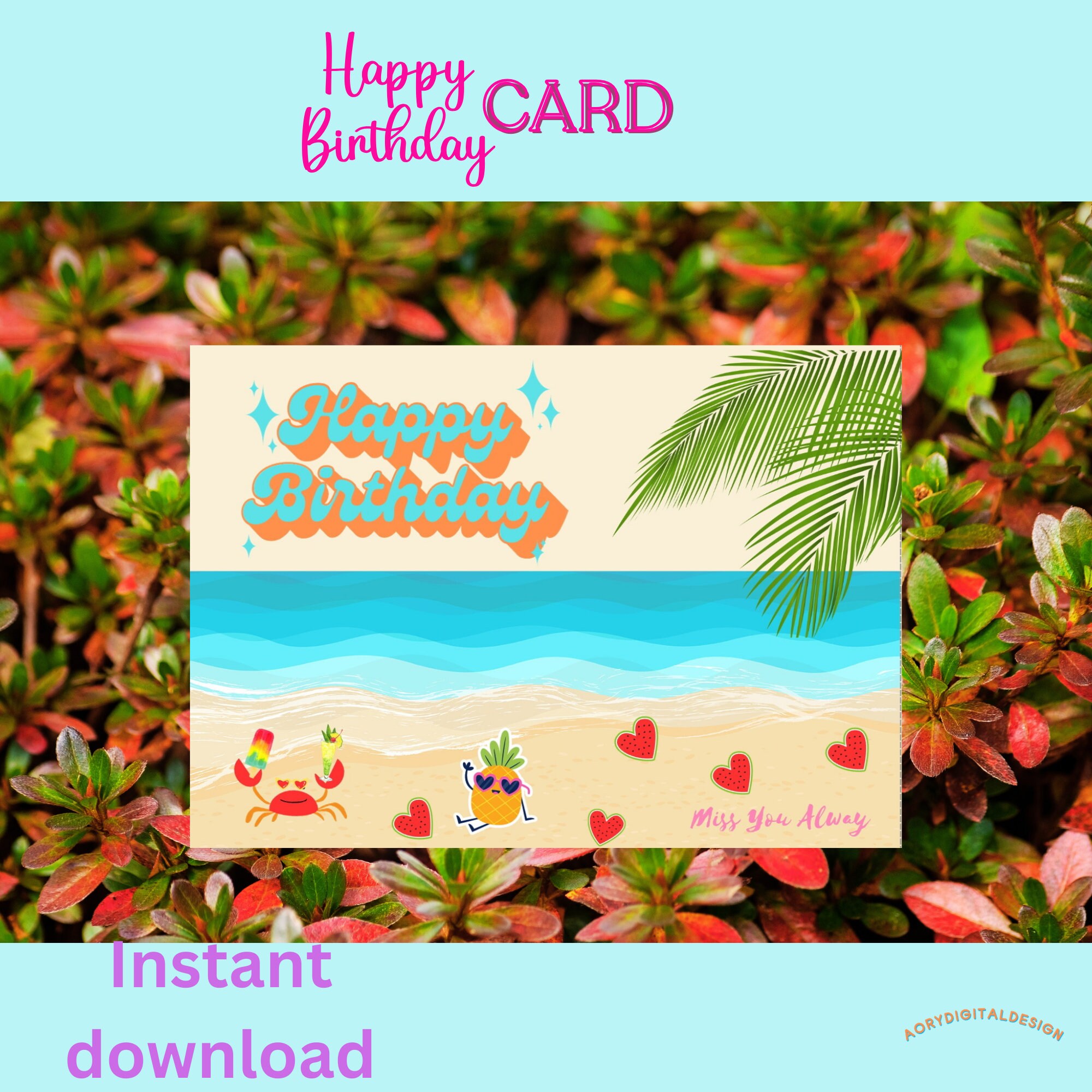 Happy Birthday Card, Printable, Beautiful Beach Theme, Digital Instant ...