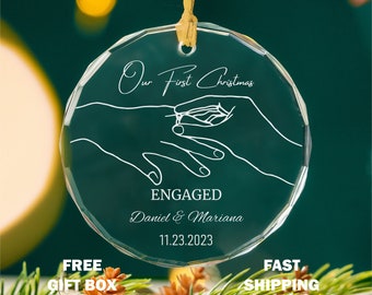 Personalized Engaged Christmas Glass Ornament, Our First Christmas Engaged Ornament, Newly Engaged Gift for Christmas