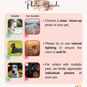May include: Photo guide with three examples of suitable and unsuitable pet photos for a custom portrait. The guide recommends clear, close-up photos with natural lighting. For multiple pets, individual photos are preferred.