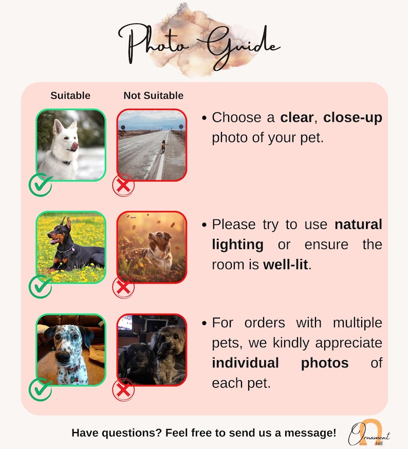 May include: Photo guide with three examples of suitable and unsuitable pet photos for a custom portrait. The guide recommends clear, close-up photos with natural lighting. For multiple pets, individual photos are preferred.